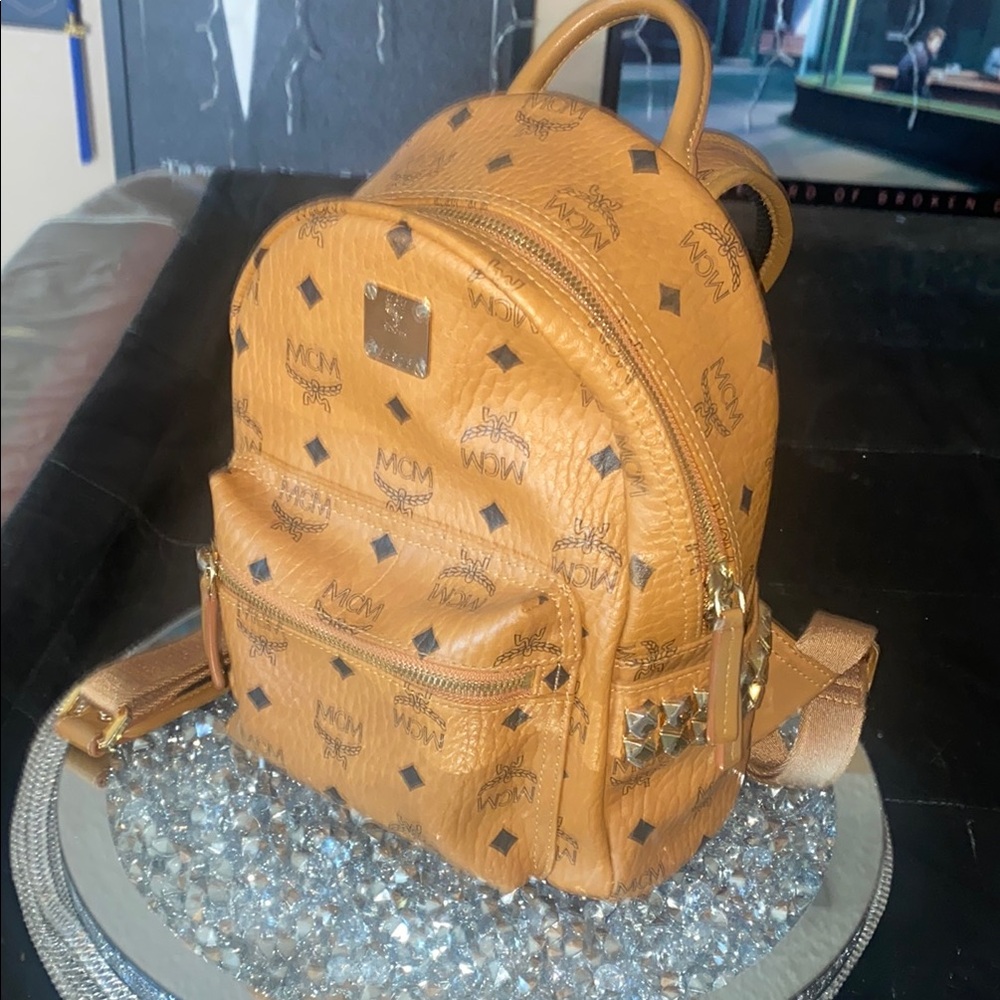 MCM Brown and Gold Backpack with Iconic Visetos Print